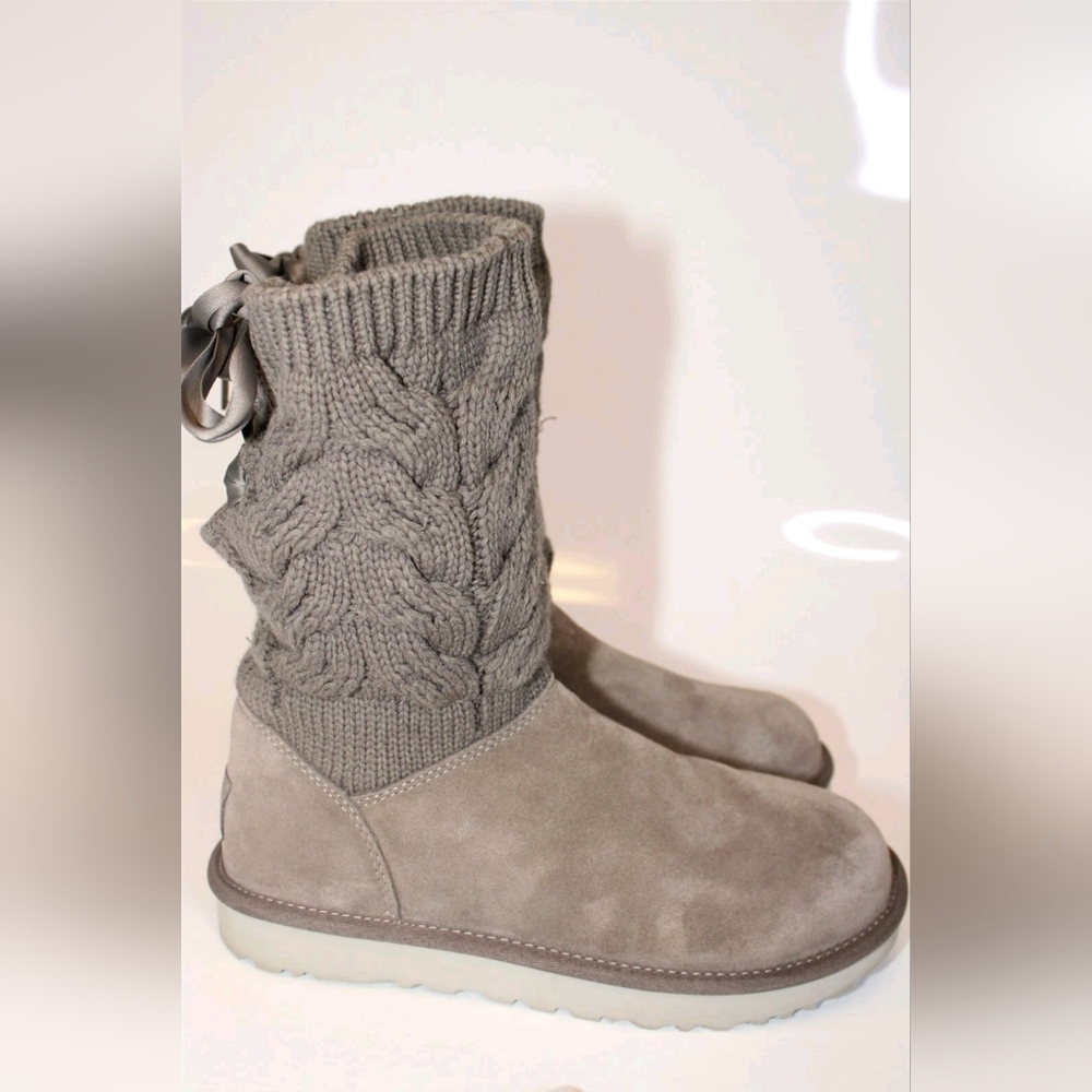 UGG Kiandra Willow Ribbon Bow Gray Knit Sweater Fabric Suede Shearling Boots 10 - Picture 11 of 16